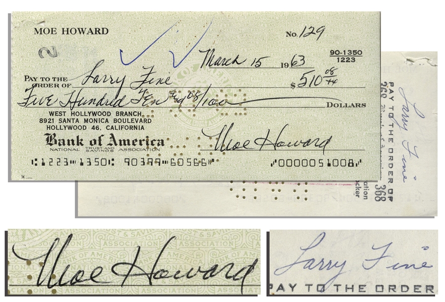 Moe Howard Check Signed to Larry Fine -- Endorsed by Larry on Verso -- Dated 15 March 1963 -- Very Good Condition